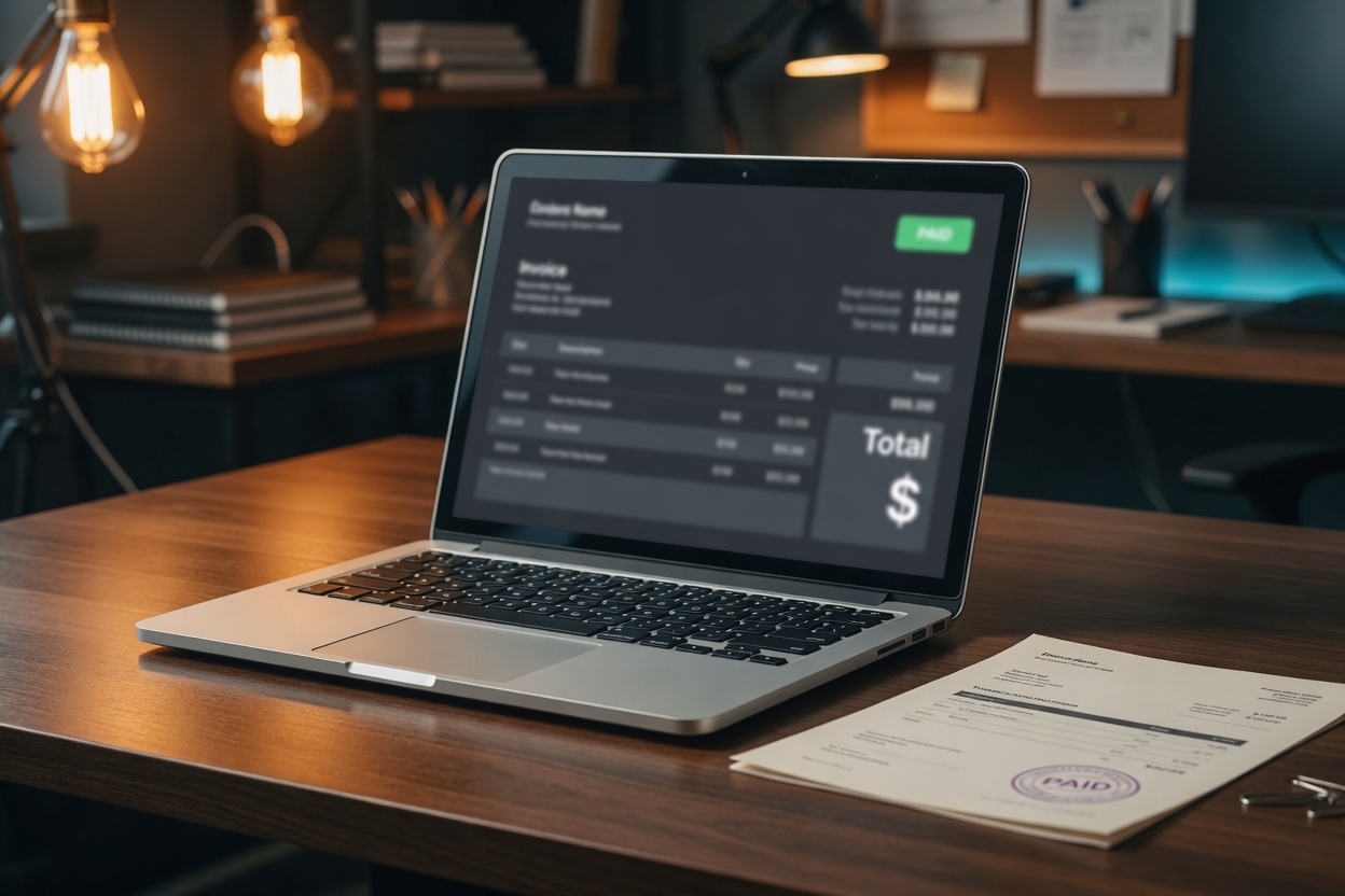 Laptopon egy számlázó felület, mellett kinyomtatott számla a pácolt asztalon.