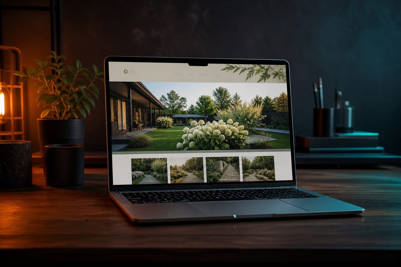 Laptopon egy letisztult céges weboldal, meleg stúdióvilágításban.